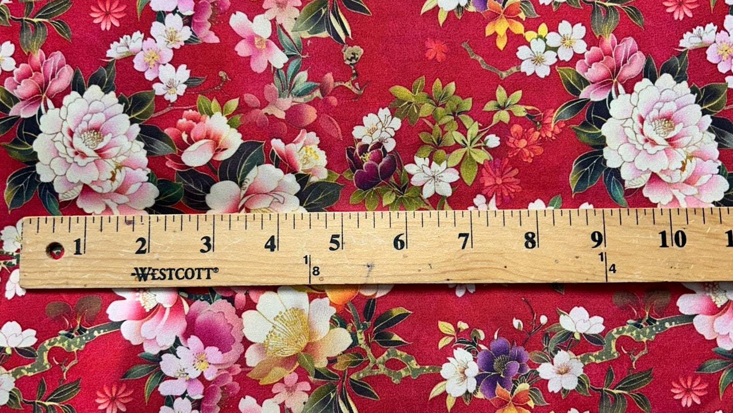 Japanese satin fabric. Red Peony & Cherry Blossom Fabric – Elegant Asian Floral fabric by the Yard, Floral Print for clothing and craft.
