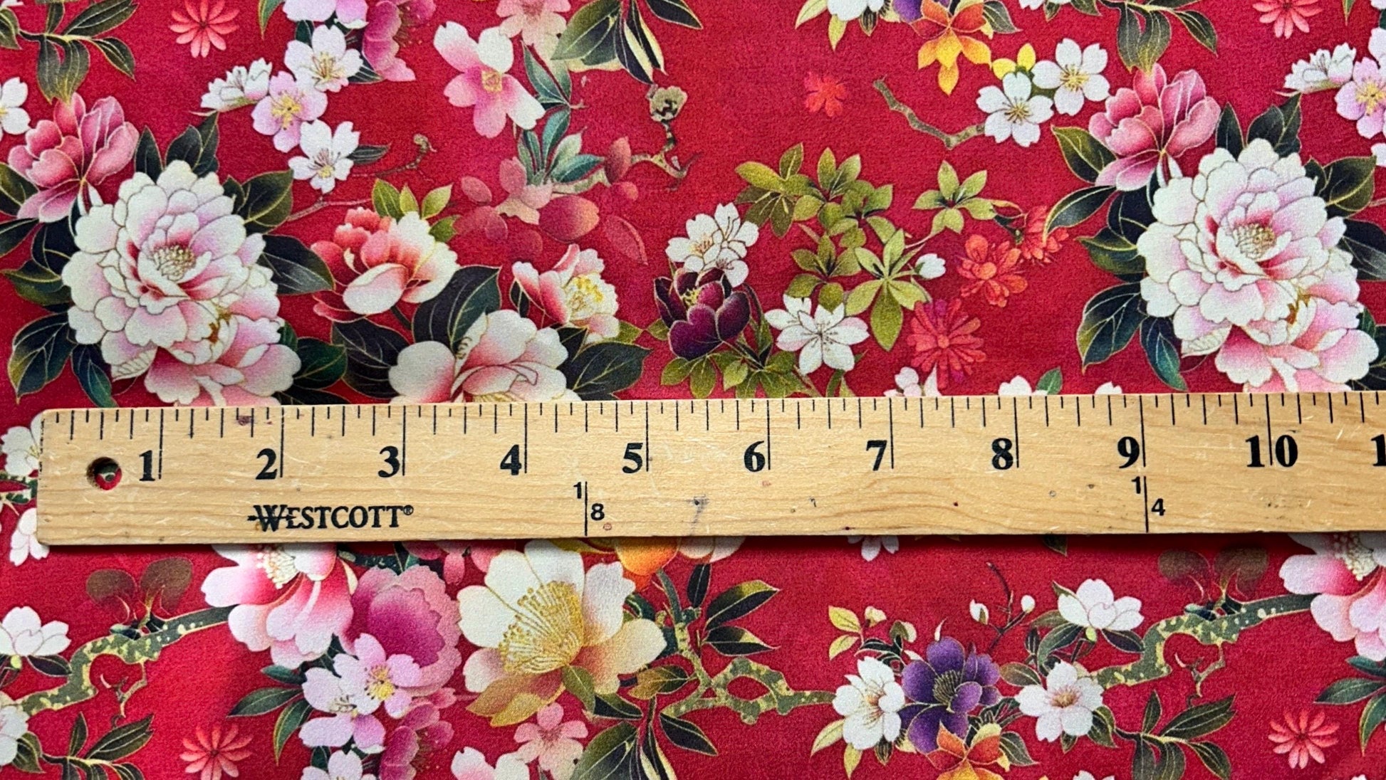 Japanese satin fabric. Red Peony & Cherry Blossom Fabric – Elegant Asian Floral fabric by the Yard, Floral Print for clothing and craft.