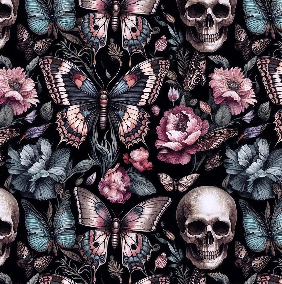 Floral Gothic and Skull Fabric. Dark garden. Crafting & Home Decor, Elegant Insect, Flower Pattern by the Yard