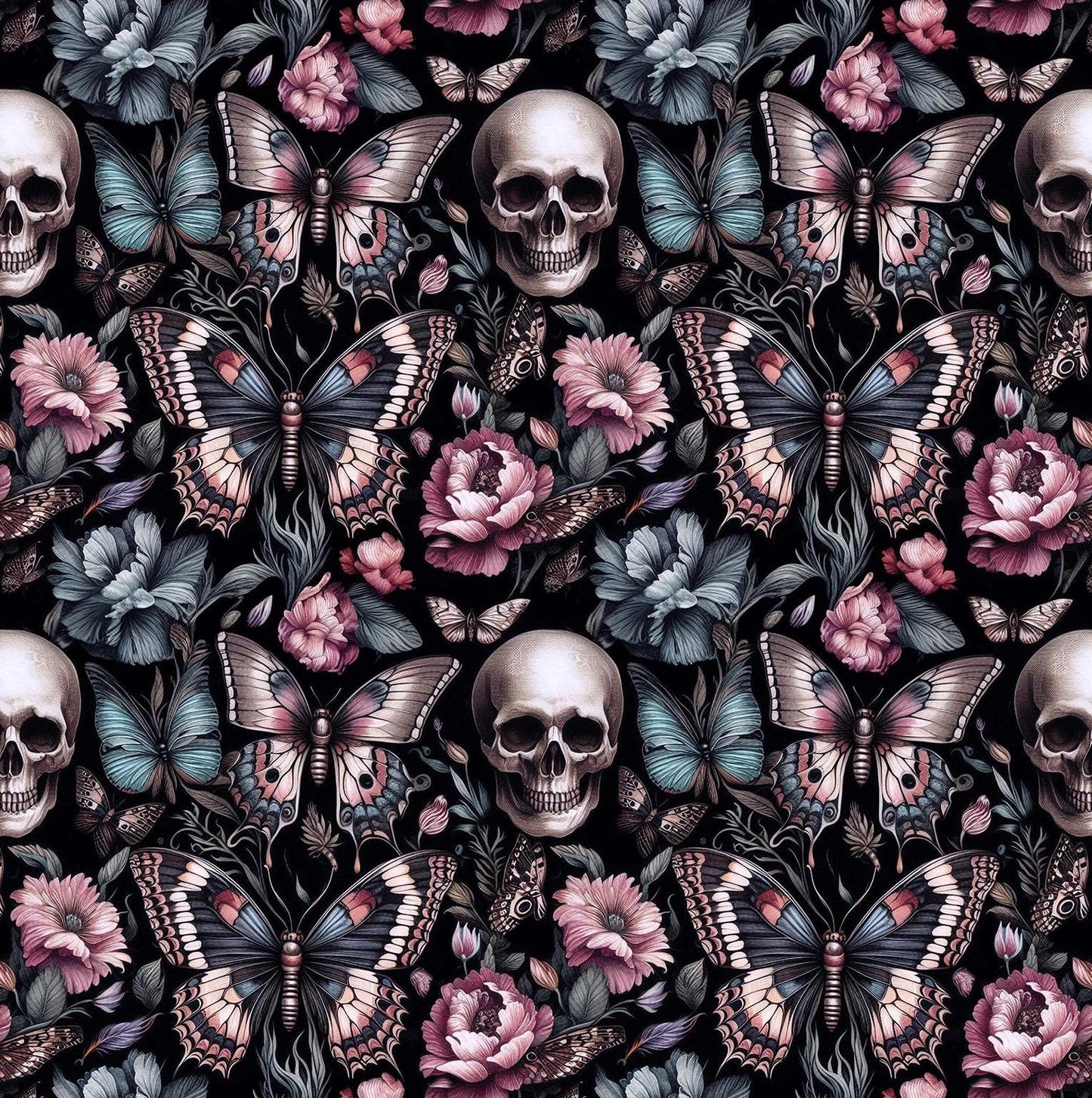 Floral Gothic and Skull Fabric. Dark garden. Crafting & Home Decor, Elegant Insect, Flower Pattern by the Yard