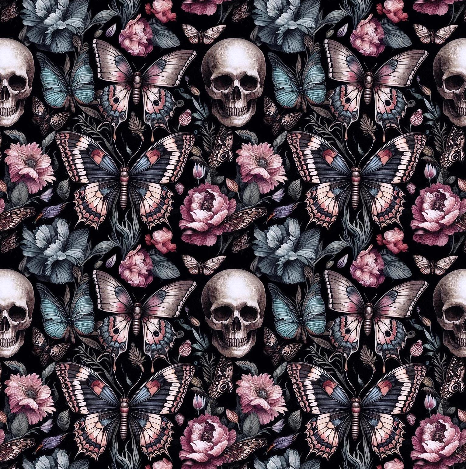 Floral Gothic and Skull Fabric. Dark garden. Crafting & Home Decor, Elegant Insect, Flower Pattern by the Yard