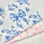 French blue toile fabric of Ribon deco. 60” with fabric by the yard. for toile craft. Vintage Classic.