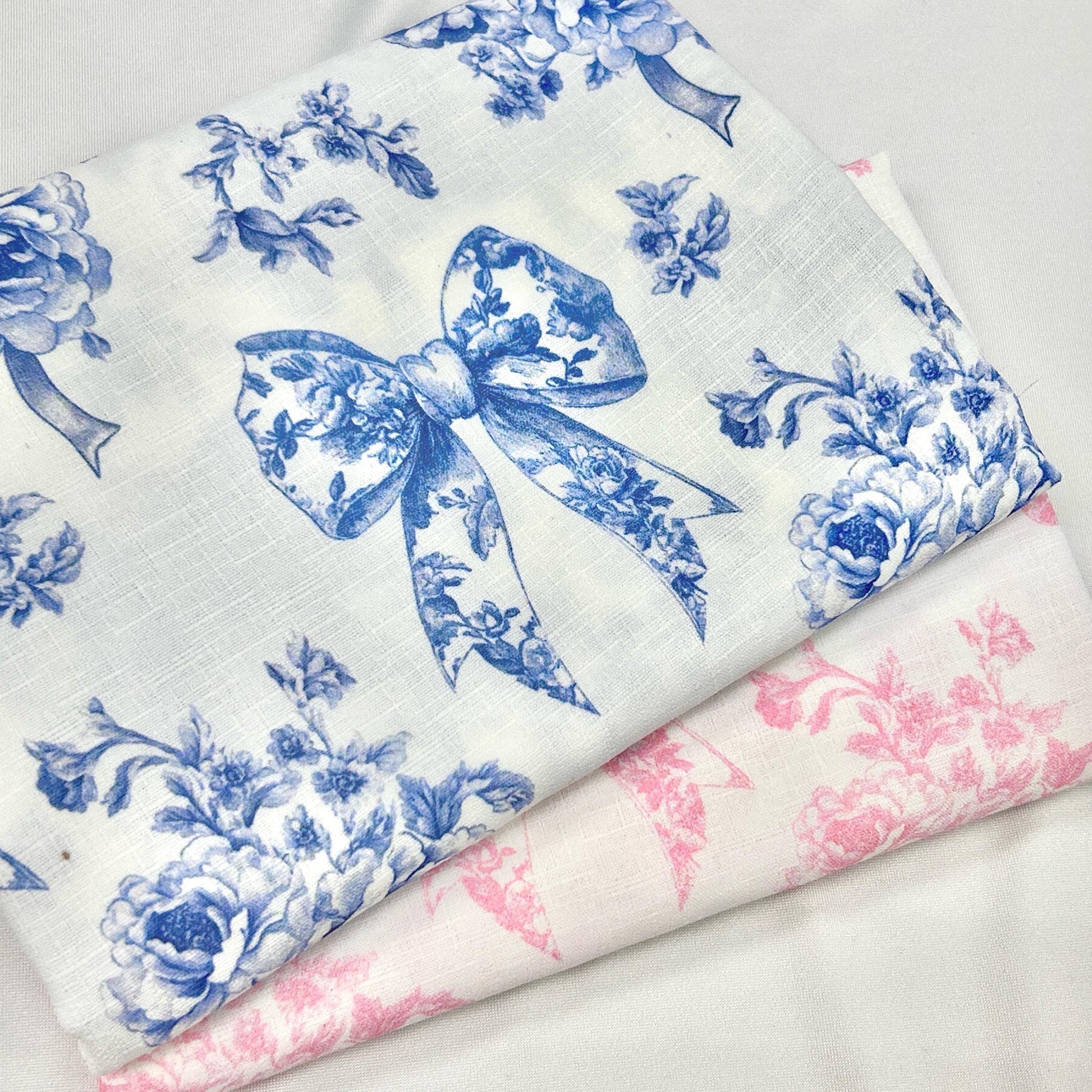 French blue toile fabric of Ribon deco. 60” with fabric by the yard. for toile craft. Vintage Classic.