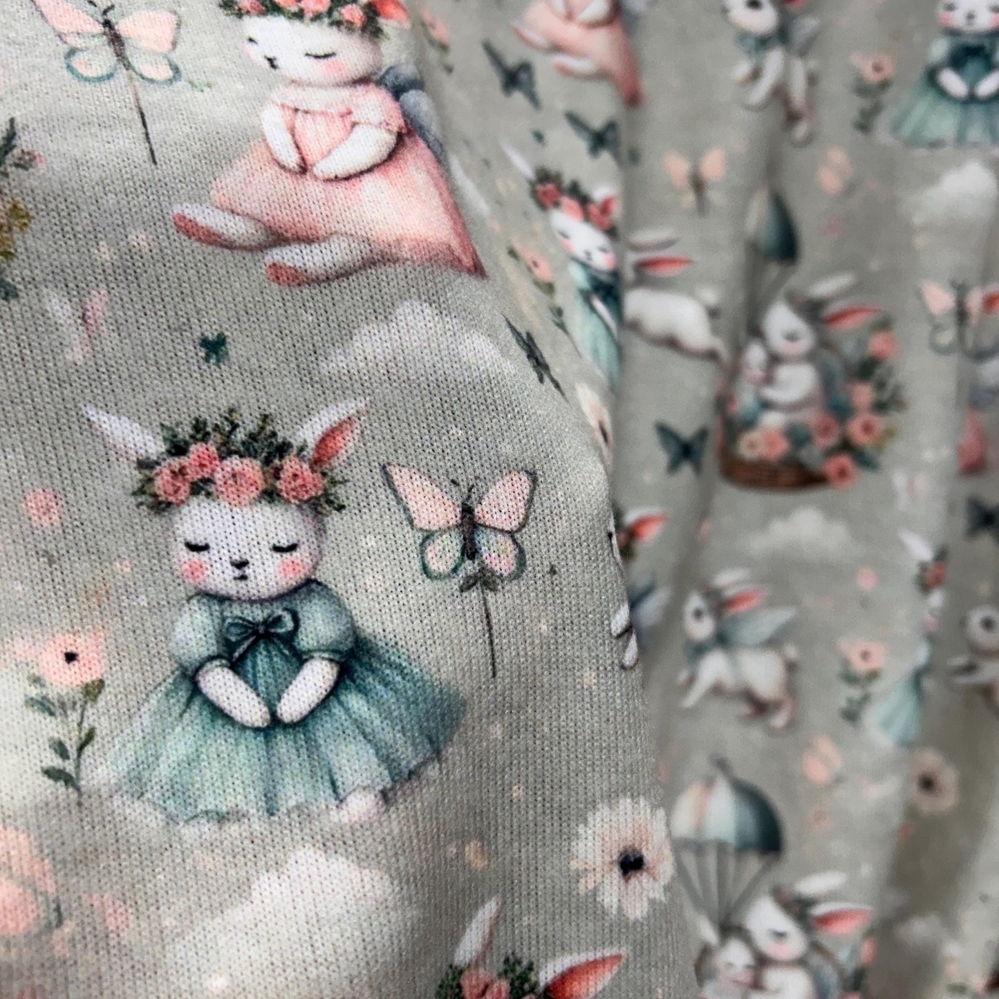 Whimsical Bunny Fairy Fabric – Pastel Nursery Decor, Baby Shower Sewing Material, Cute Rabbit with Butterfly and Flower Pattern