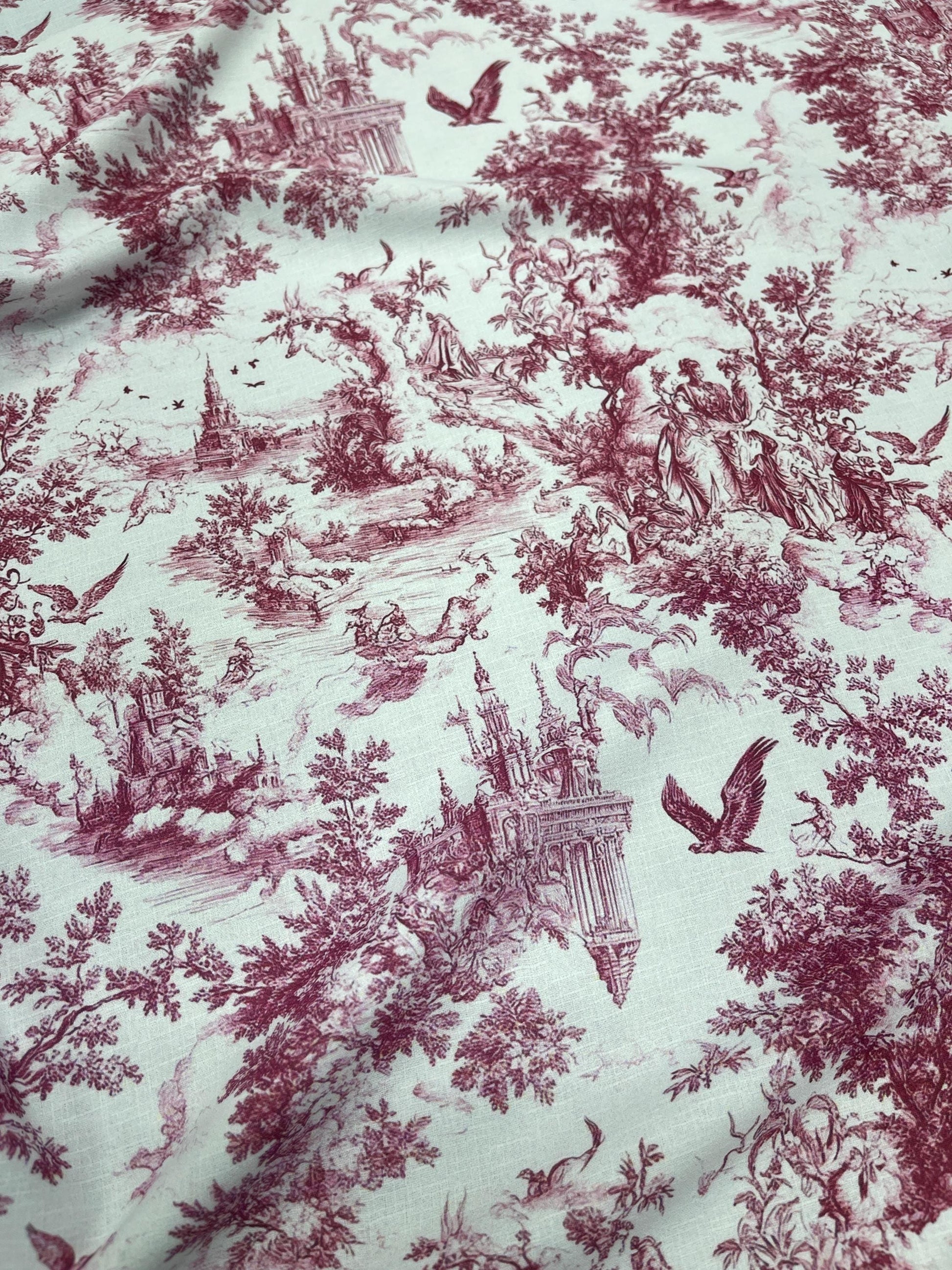 Toile Fabric by the Yard French Country Garden. Material thin summer Red fabric. Gift Wrapping Fabric Vintage Style. Sewing Gift for Mom