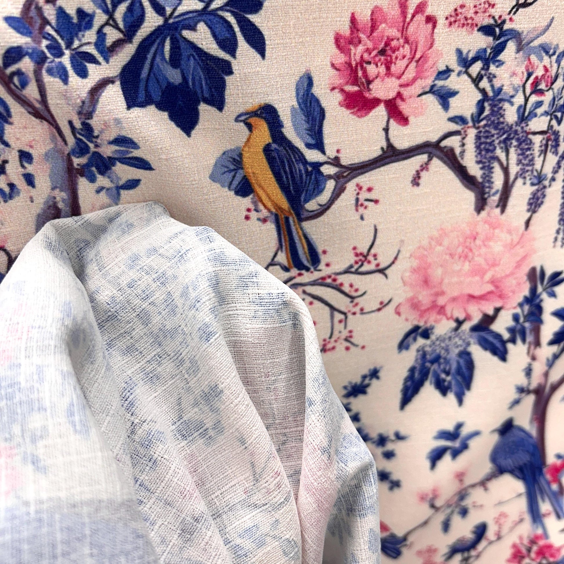 Chinoiserie fabric, enchanted forest. Wisteria Bird Fabric – Colorful Botanical fabric by the Yard, Floral Garden for home deco, craft