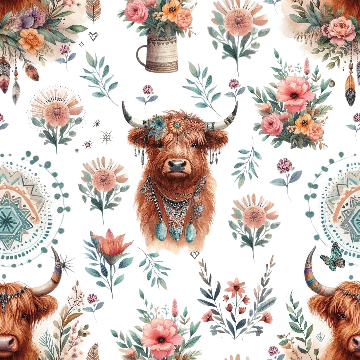 Boho Highland Cow Fabric – Floral Farmhouse fabric by the Yard, Rustic Animal Print for fashion, Crafts & Home Decor