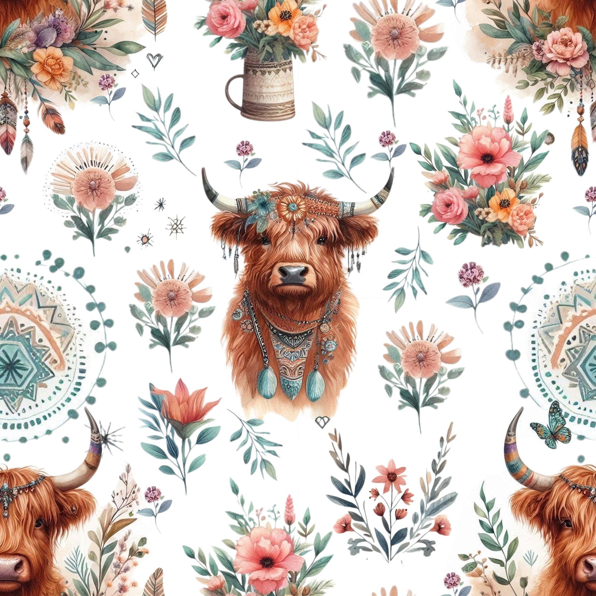 Boho Highland Cow Fabric – Floral Farmhouse fabric by the Yard, Rustic Animal Print for fashion, Crafts & Home Decor