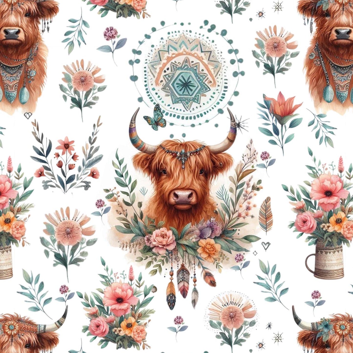Boho Highland Cow Fabric – Floral Farmhouse fabric by the Yard, Rustic Animal Print for fashion, Crafts & Home Decor