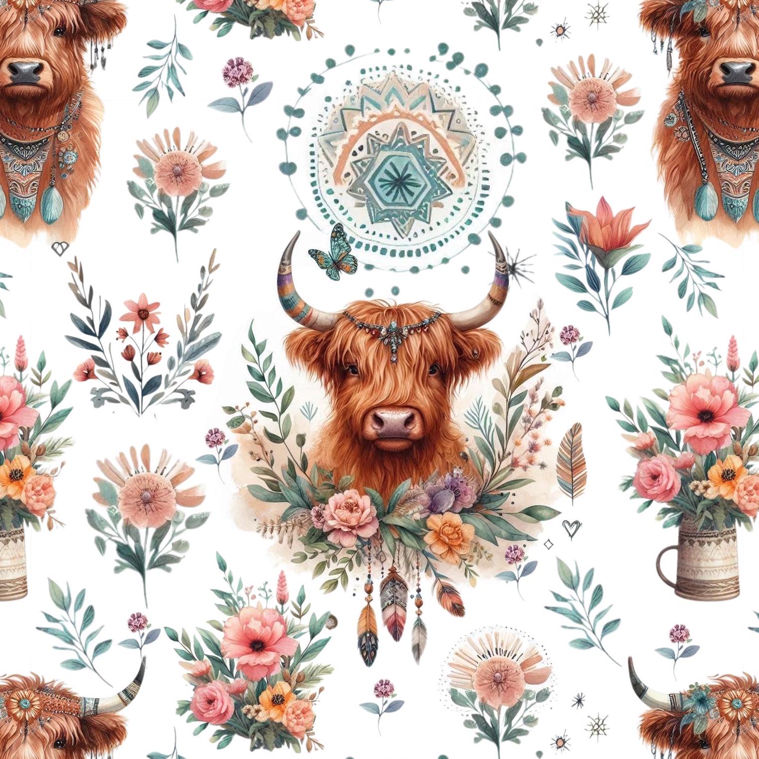 Boho Highland Cow Fabric – Floral Farmhouse fabric by the Yard, Rustic Animal Print for fashion, Crafts & Home Decor