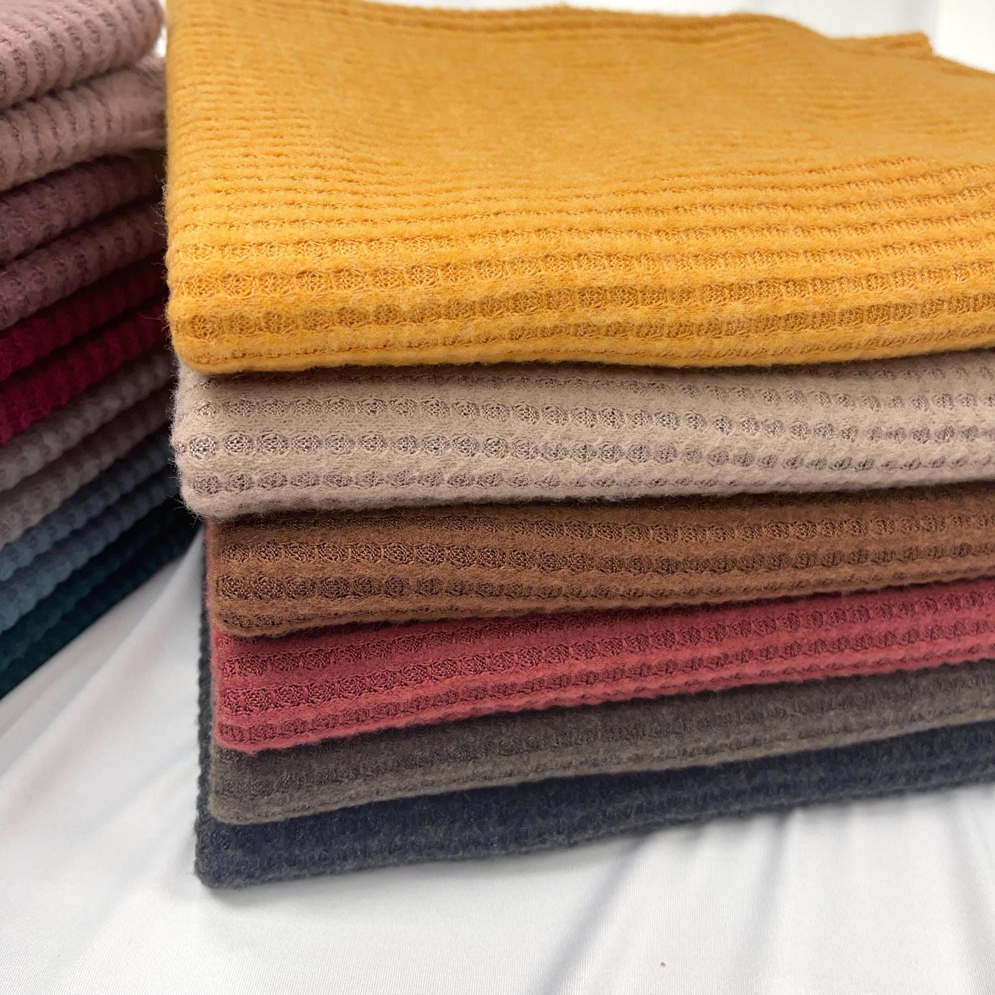 Waffle Brush fabric. SOLIDS VARIETY, Poly Blend, Fabric by the 1/2 Yard, Yard, or Sample, sweater knit fabric, stretch knit, Fashion fabric