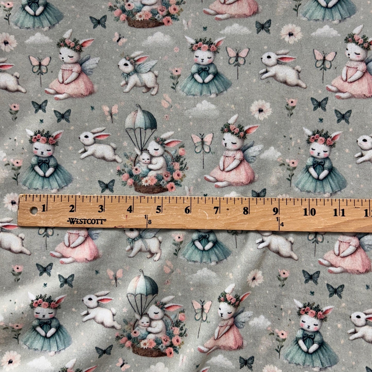Whimsical Bunny Fairy Fabric – Pastel Nursery Decor, Baby Shower Sewing Material, Cute Rabbit with Butterfly and Flower Pattern