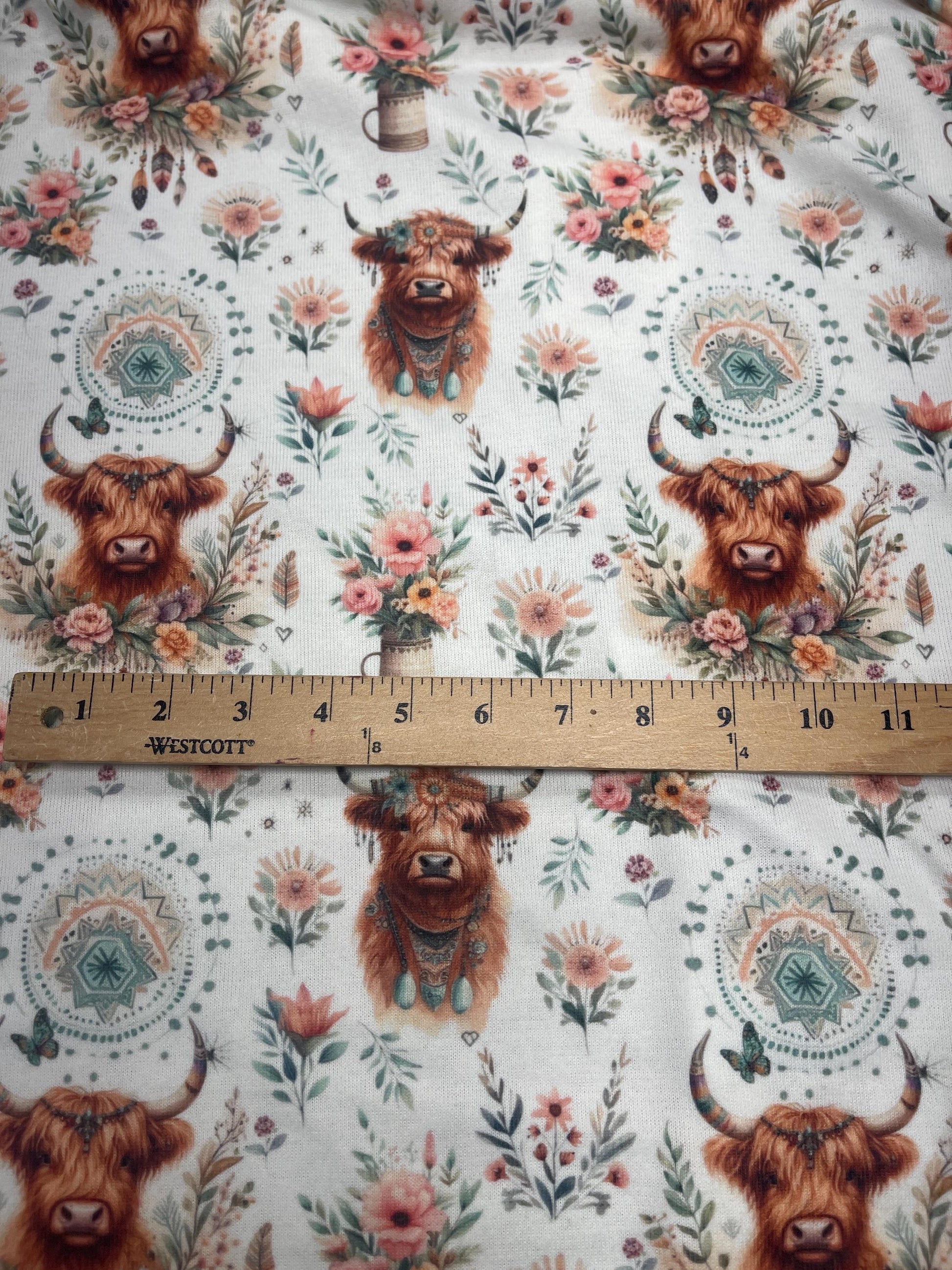 Boho Highland Cow Fabric – Floral Farmhouse fabric by the Yard, Rustic Animal Print for fashion, Crafts & Home Decor
