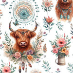 Boho Highland Cow Fabric, Fabric by the yard,Fat Quarter. clothing fabric, animal print. farm design