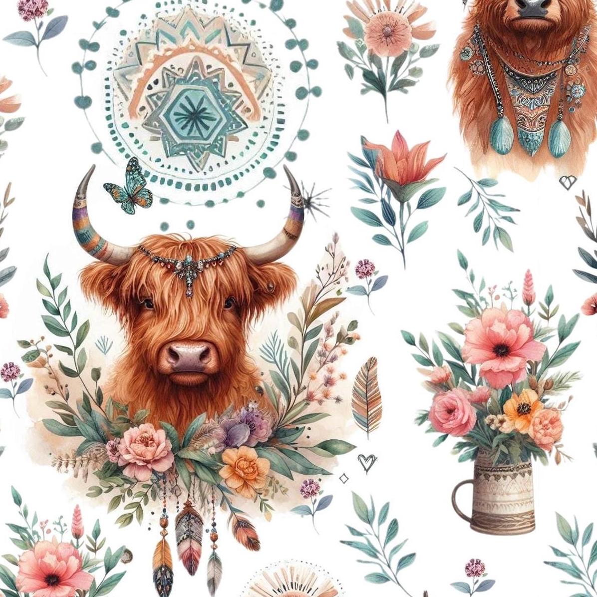 Boho Highland Cow Fabric, Fabric by the yard,Fat Quarter. clothing fabric, animal print. farm design