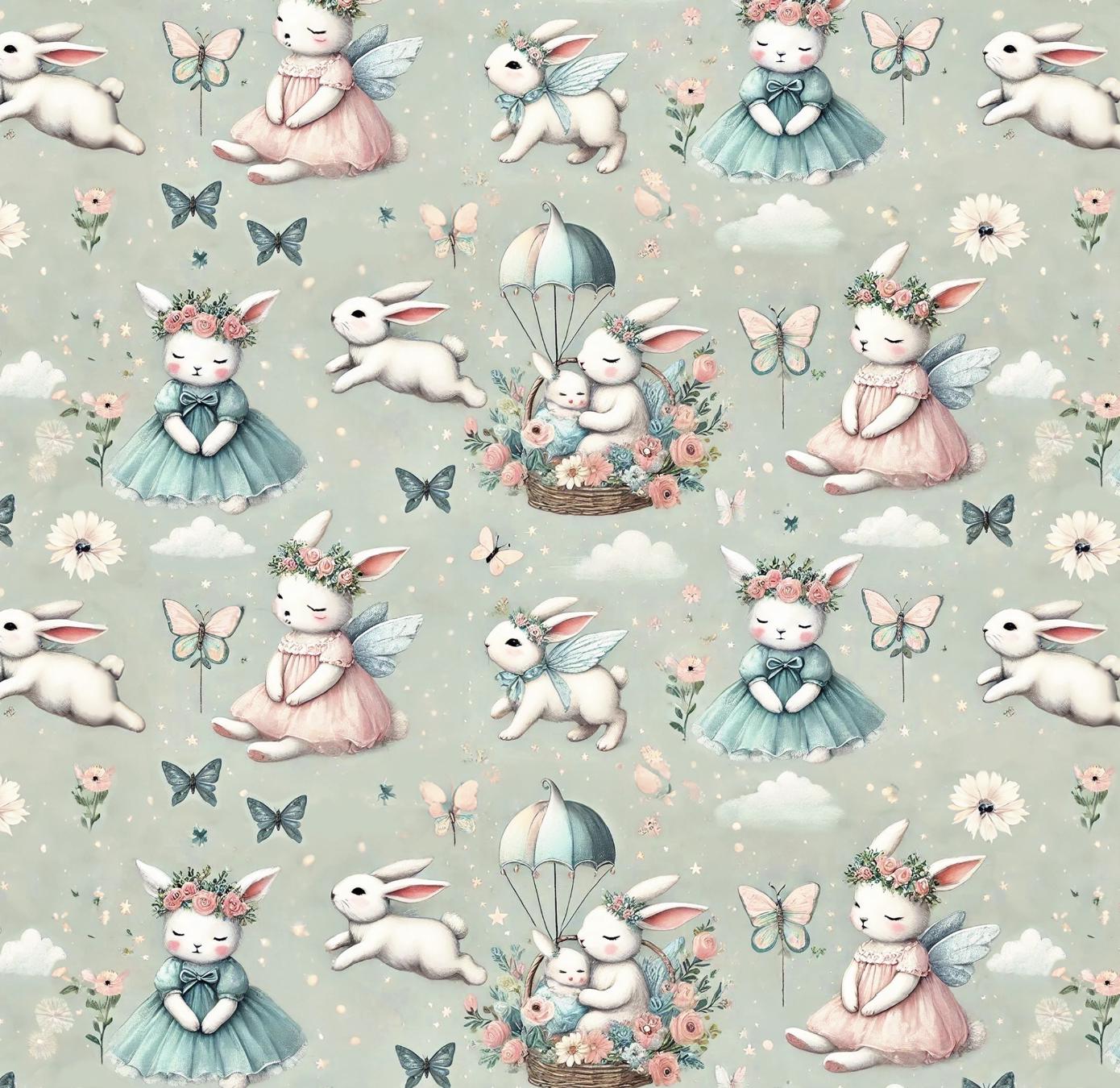 Whimsical Bunny Fairy Fabric – Pastel Nursery Decor, Baby Shower Sewing Material, Cute Rabbit with Butterfly and Flower Pattern