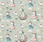 Whimsical Bunny Fairy Fabric – Pastel Nursery Decor, Baby Shower Sewing Material, Cute Rabbit with Butterfly and Flower Pattern