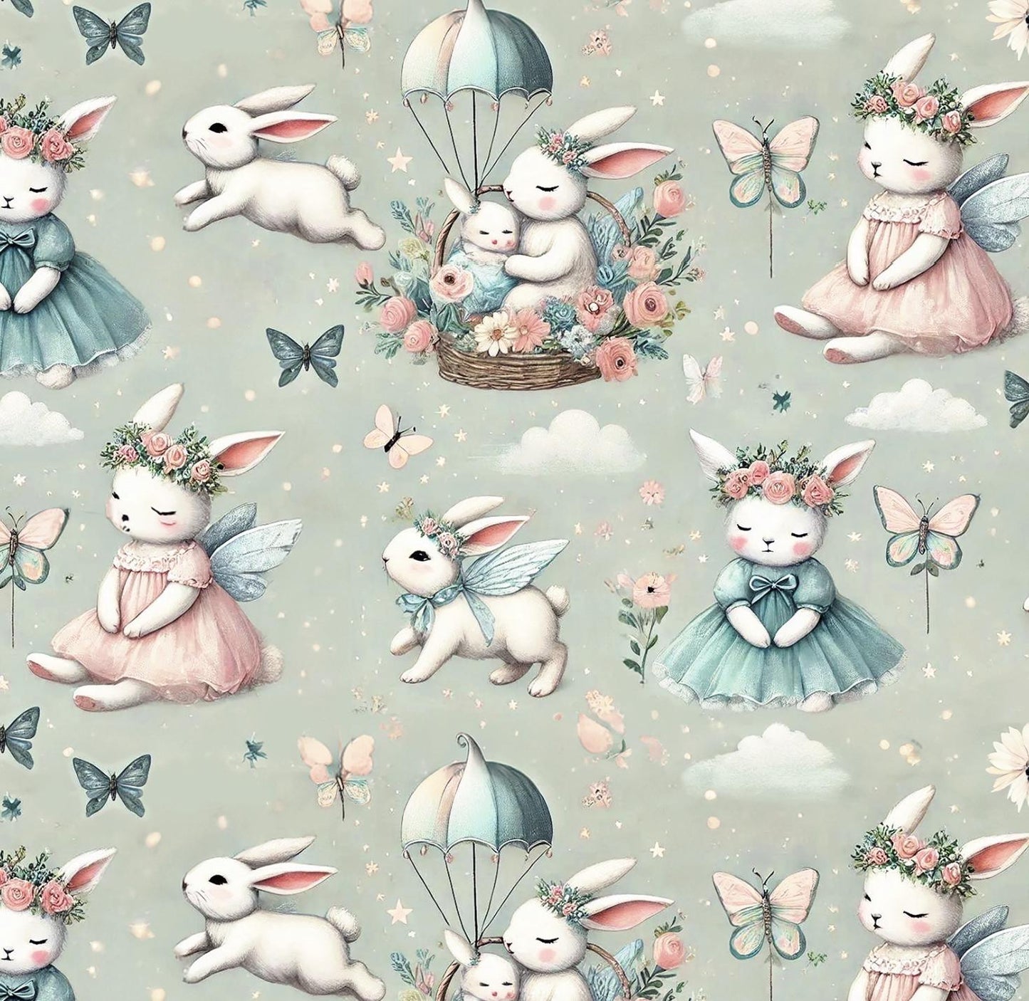 Whimsical Bunny Fairy Fabric – Pastel Nursery Decor, Baby Shower Sewing Material, Cute Rabbit with Butterfly and Flower Pattern