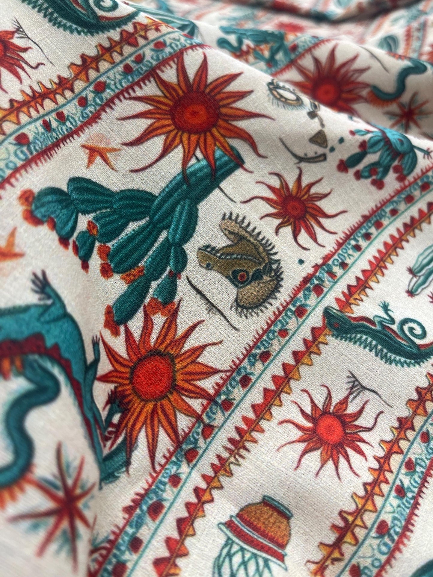 mexico pattern. Southwestern Fabric – Vibrant Desert Print for Home Decor, Reptile Sun Pattern by the Yard