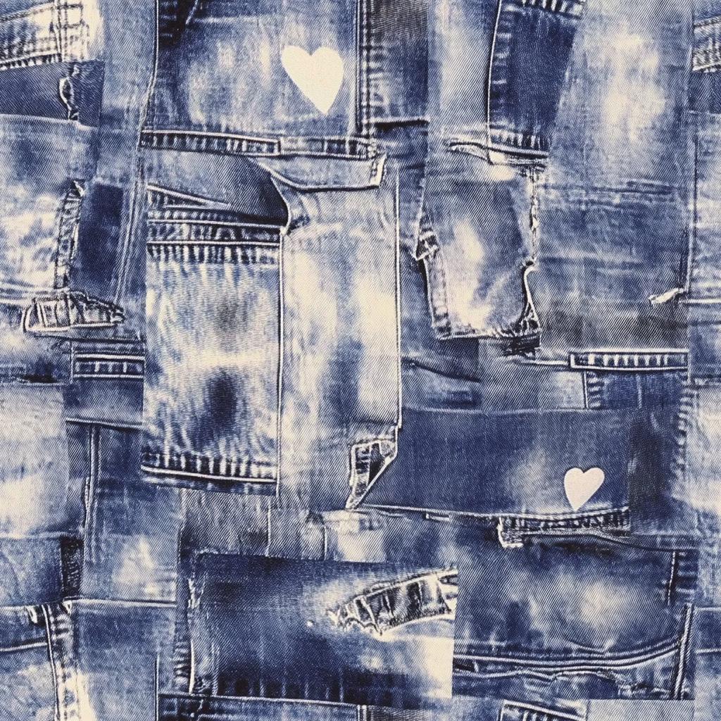 Printed denim texture fabric.  Printed patch image.  60" width. Fabric By The Yard.