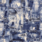 Printed denim texture fabric.  Printed patch image.  60" width. Fabric By The Yard.
