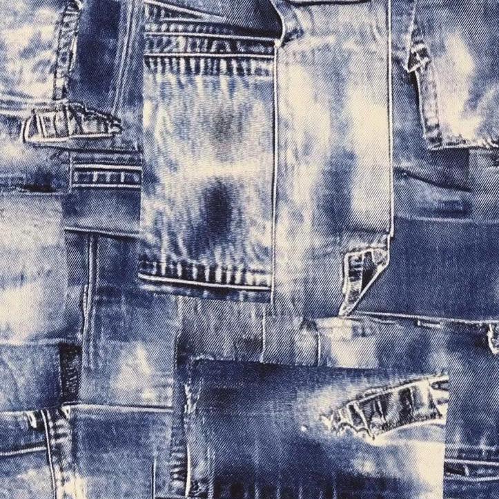 Printed denim texture fabric.  Printed patch image.  60" width. Fabric By The Yard.