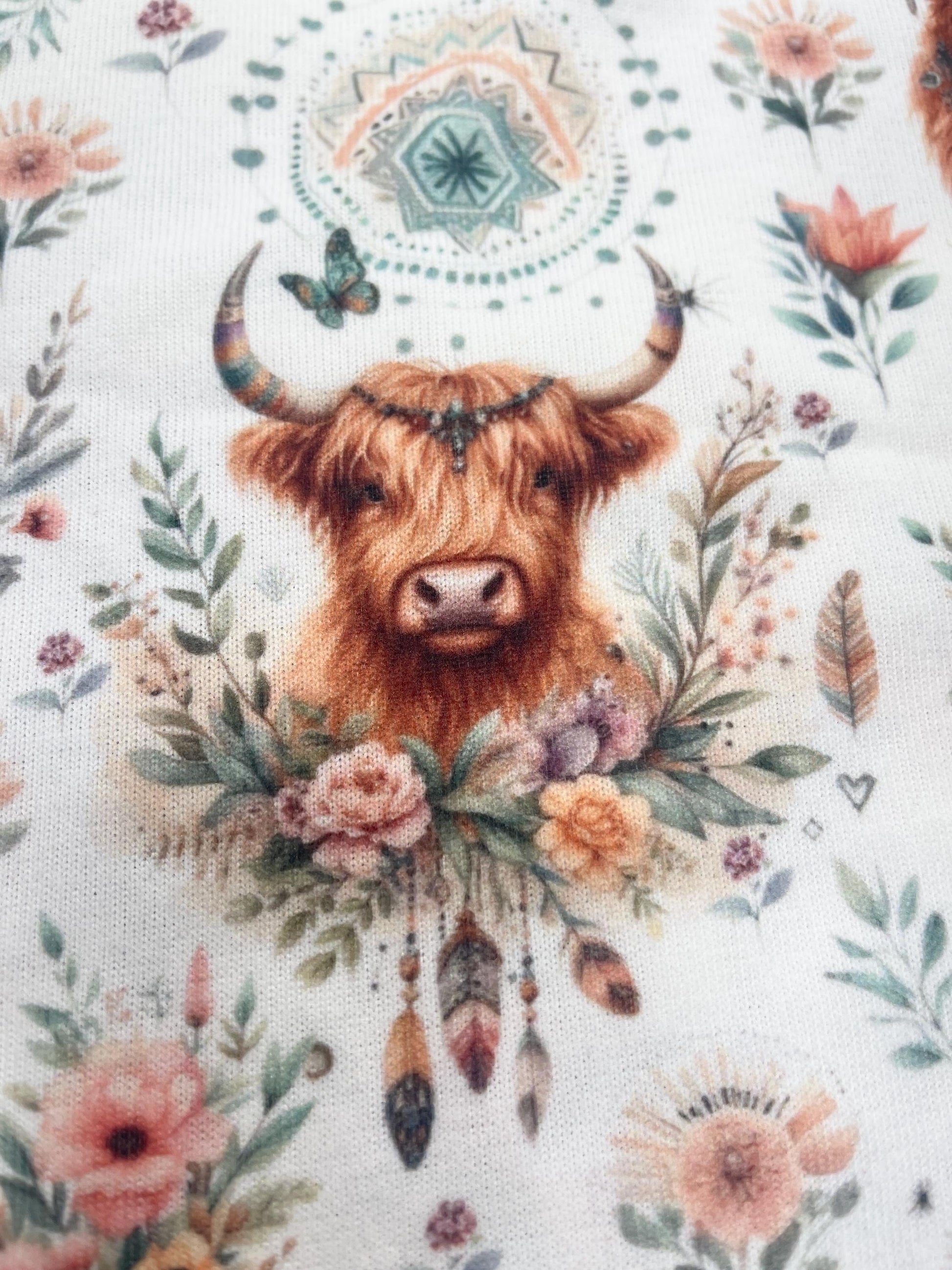 Boho Highland Cow Fabric – Floral Farmhouse fabric by the Yard, Rustic Animal Print for fashion, Crafts & Home Decor