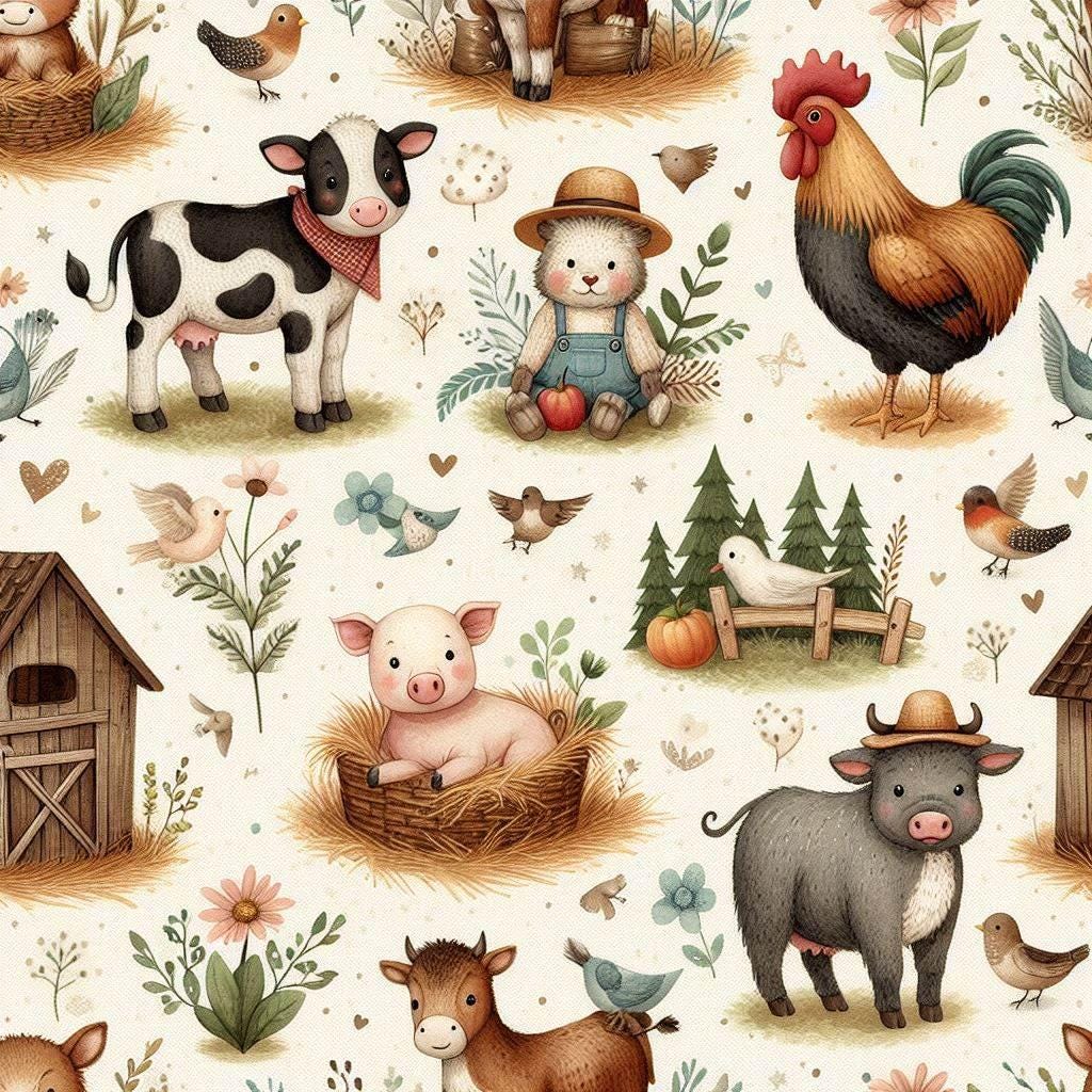 Farm Animals Fabric - Watercolor Farm  - Baby Animals Barnyard Watercolor Fabric animals fabric by the yard-meter Boy & Girl  fabric