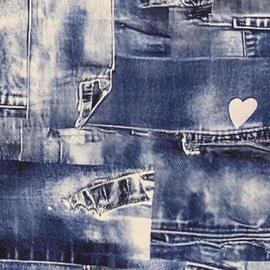 Printed denim texture fabric.  Printed patch image.  60" width. Fabric By The Yard.