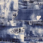 Printed denim texture fabric.  Printed patch image.  60" width. Fabric By The Yard.