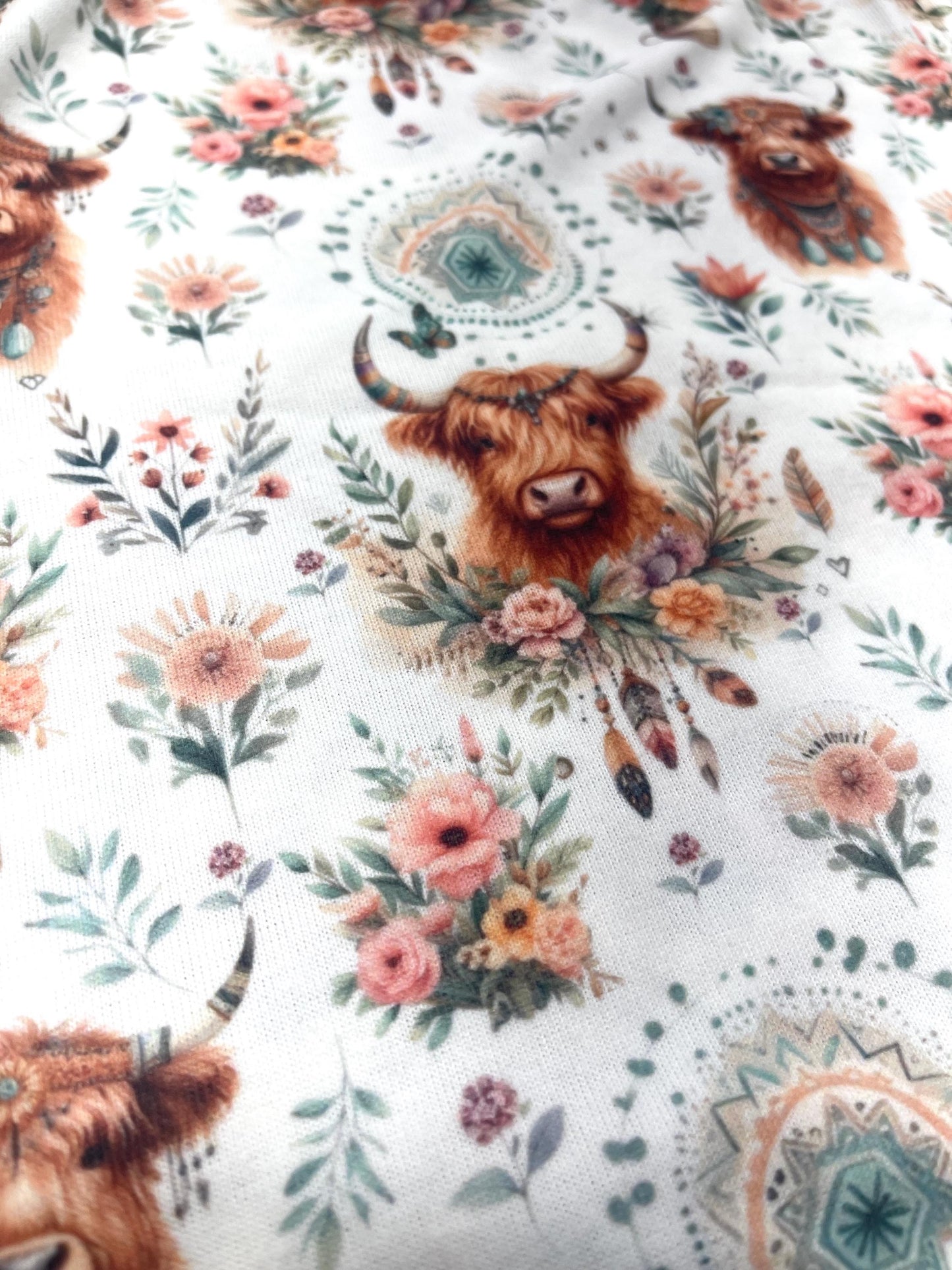 Boho Highland Cow Fabric – Floral Farmhouse fabric by the Yard, Rustic Animal Print for fashion, Crafts & Home Decor