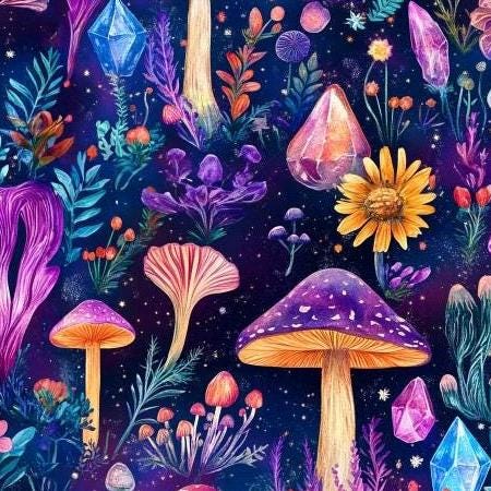 Whimsical Mushroom Crystal Fabric – Fantasy Botanical Print for deco and Crafts, clothing