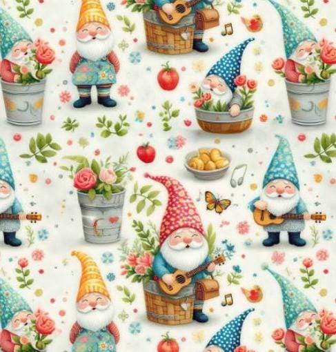 Whimsical Gnome Garden Fabric – Colorful Fantasy Print with Flowers, Butterflies , Musical Notes for Crafts deco