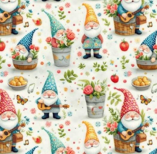 Whimsical Gnome Garden Fabric – Colorful Fantasy Print with Flowers, Butterflies , Musical Notes for Crafts deco