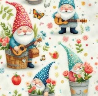 Whimsical Gnome Garden Fabric – Colorful Fantasy Print with Flowers, Butterflies , Musical Notes for Crafts deco
