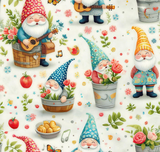 Whimsical Gnome Garden Fabric – Colorful Fantasy Print with Flowers, Butterflies , Musical Notes for Crafts deco