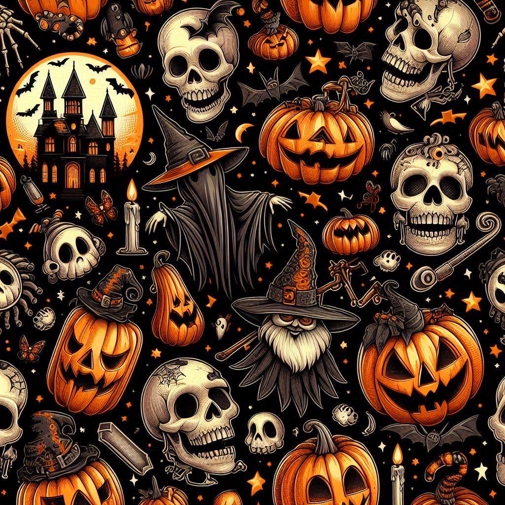 Haunted Halloween  fabric – Spooky Pumpkins, Skulls & Witch House