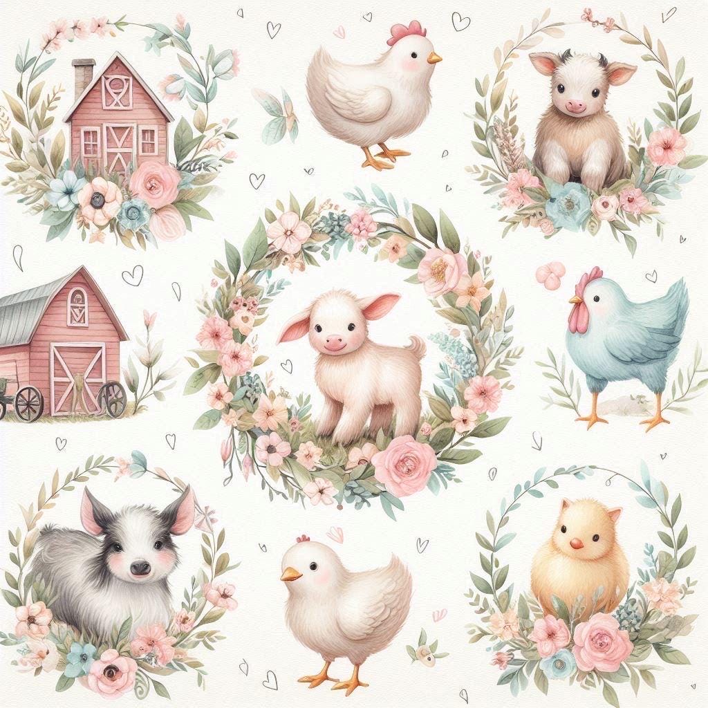 Watercolor Farm Animals Fabric - Baby Animals Barnyard Nursery Fabric by the Yard-Meter - Watercolor Zoo Animals Boy & Girl Fabric