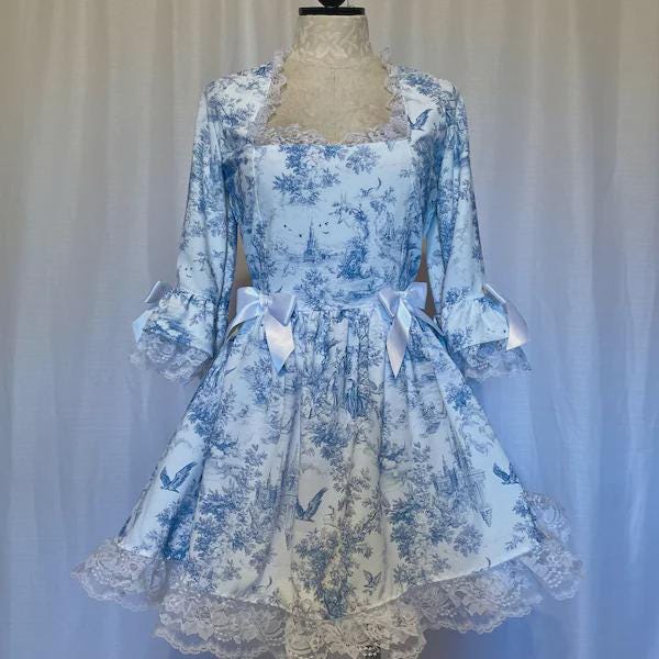 French blue toile fabric of an English country garden in blue line on a white background. for toile Curtain, Napkin. Vintage Classic