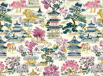 East Asian Pagoda Scenic Fabric – Traditional Architecture & Blossoming Nature Print in Vibrant Vintage Tones