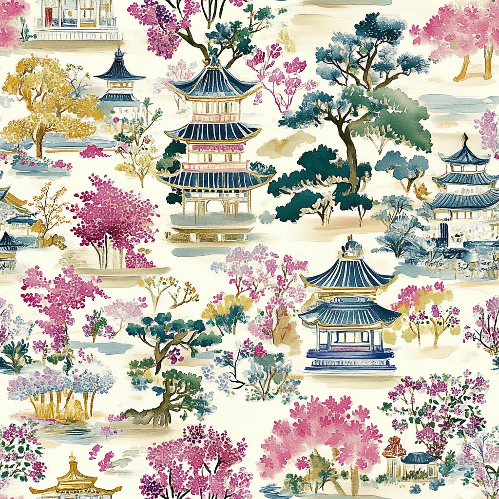 East Asian Pagoda Scenic Fabric – Traditional Architecture & Blossoming Nature Print in Vibrant Vintage Tones