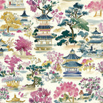 East Asian Pagoda Scenic Fabric – Traditional Architecture & Blossoming Nature Print in Vibrant Vintage Tones
