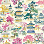 East Asian Pagoda Scenic Fabric – Traditional Architecture & Blossoming Nature Print in Vibrant Vintage Tones