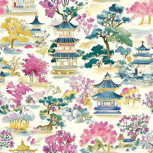 East Asian Pagoda Scenic Fabric – Traditional Architecture & Blossoming Nature Print in Vibrant Vintage Tones