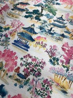 East Asian Pagoda Scenic Fabric – Traditional Architecture & Blossoming Nature Print in Vibrant Vintage Tones