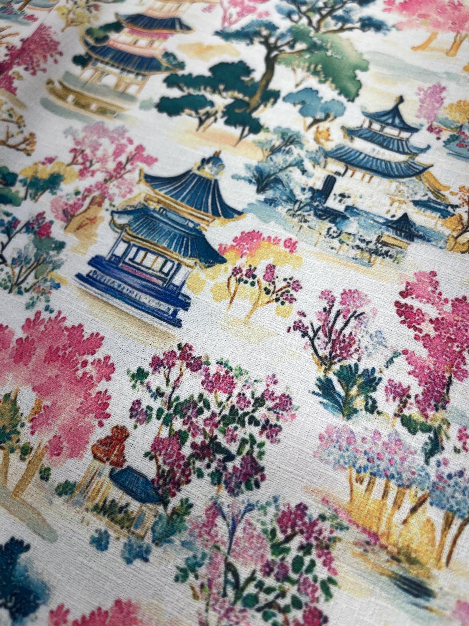 East Asian Pagoda Scenic Fabric – Traditional Architecture & Blossoming Nature Print in Vibrant Vintage Tones