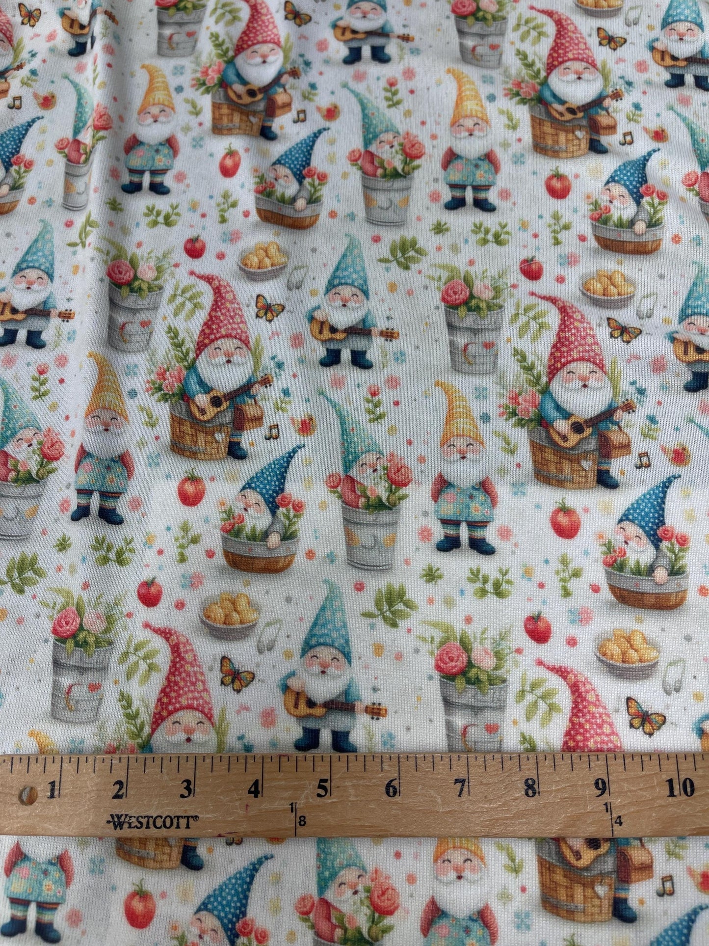 Whimsical Gnome Garden Fabric – Colorful Fantasy Print with Flowers, Butterflies , Musical Notes for Crafts deco