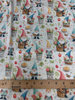 Whimsical Gnome Garden Fabric – Colorful Fantasy Print with Flowers, Butterflies , Musical Notes for Crafts deco