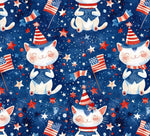 4th of July Cat Fabric, Patriotic Kitten Polyester Cloth, Red White Blue Textile