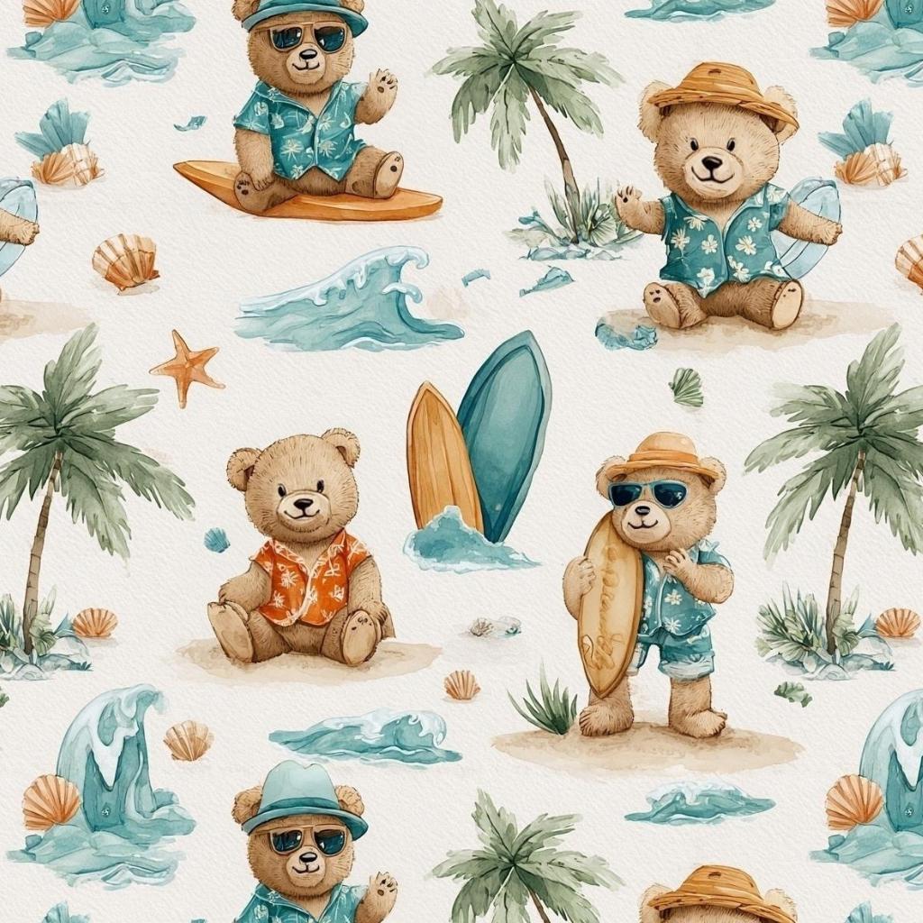 Beach Bear Watercolor Fabric, Summer Vacation Teddy, Tropical Animal Textile